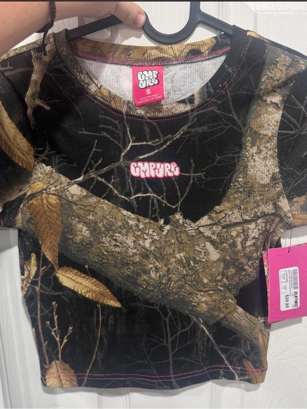 Zumiez Black Camo Crop Top with Pink Logo